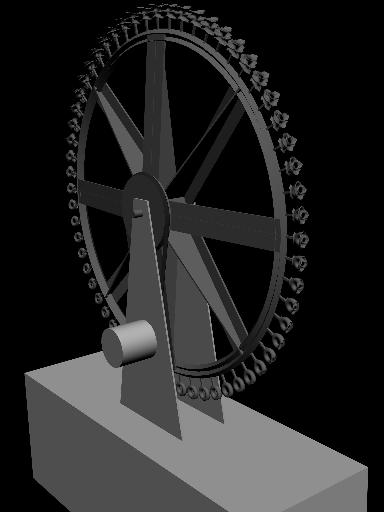 Computer-rendering showing the wheel
mounted on a pedestal base with motor drive