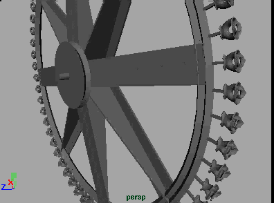 Computer-rendered animation of 60 instances 
of a metamorphosing object attached to the rim of a rotating wheel